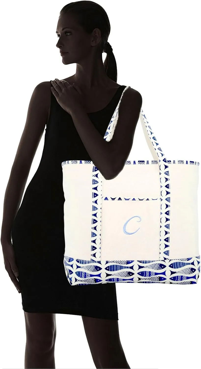 DALIX Personalized Shopping Tote Bag Monogram Initial Zippered Letter A-Z Fish