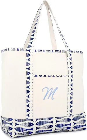 DALIX Personalized Shopping Tote Bag Monogram Initial Zippered Letter A-Z Fish