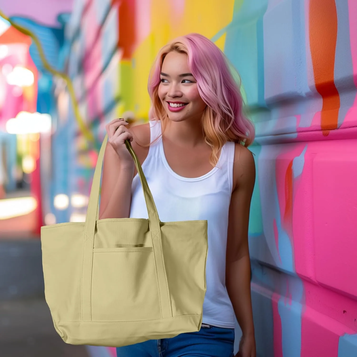 DALIX Womens 23" Deluxe 24 oz. Cotton Canvas Tote Bag Zippered in Beige