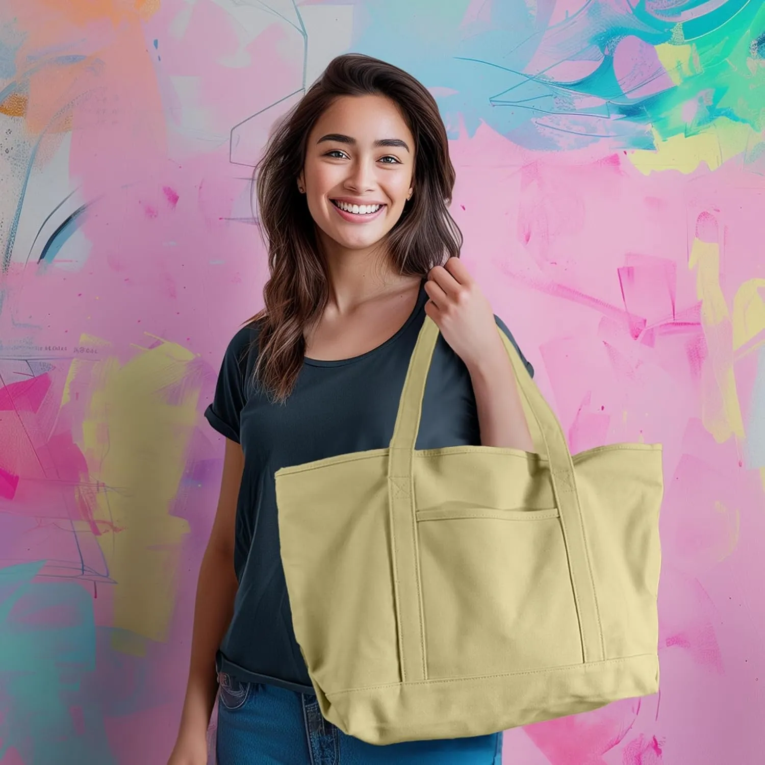 DALIX Womens 23" Deluxe 24 oz. Cotton Canvas Tote Bag Zippered in Beige