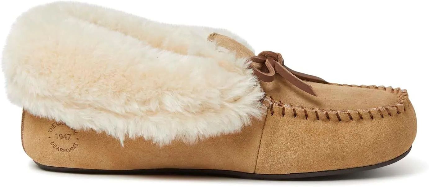 Dearfoams Women's Genuine Suede Foldover Bootie Slipper with Tie