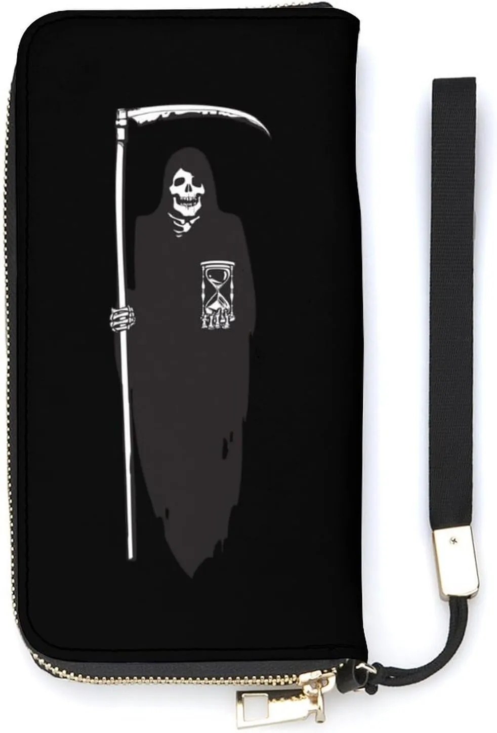 Death Scythe Grim Reaper Leather Hand Wallets for Women Zipped Clutch Purse with Card Slots for Women with ID Card Slot and Rope