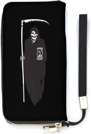 Death Scythe Grim Reaper Leather Hand Wallets for Women Zipped Clutch Purse with Card Slots for Women with ID Card Slot and Rope