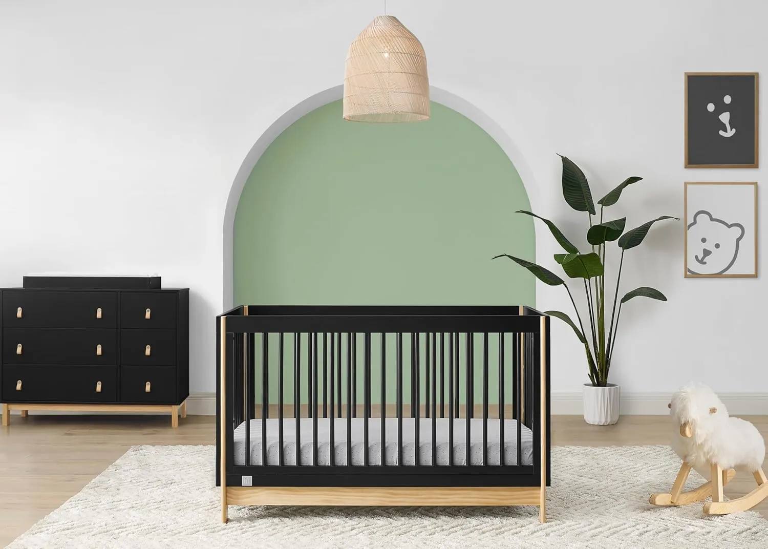 Delta Children Gap babygap Tate Crib 7-Piece Baby Nursery Furniture Set-Includes: Convertible Crib, Dresser, Changing Top, Crib Mattress, Mattress Pad, Sheets, Changing Pad, Ebony/Natural