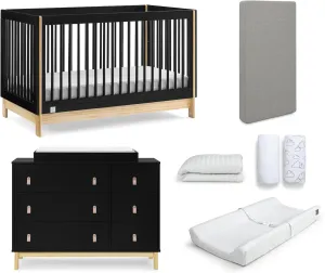 Delta Children Gap babygap Tate Crib 7-Piece Baby Nursery Furniture Set-Includes: Convertible Crib, Dresser, Changing Top, Crib Mattress, Mattress Pad, Sheets, Changing Pad, Ebony/Natural