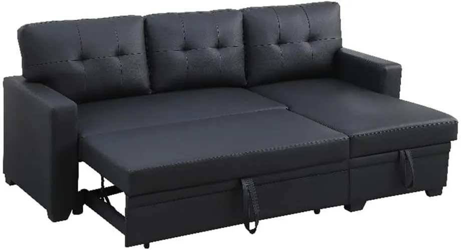 Devion Furniture L-Shaped Polyester Fabric Reversible, Easy Convertible Pull-Out Sleeper Sectional Sofa/Storage Chaise with Tufted Back Cushions and Track Arms in Black