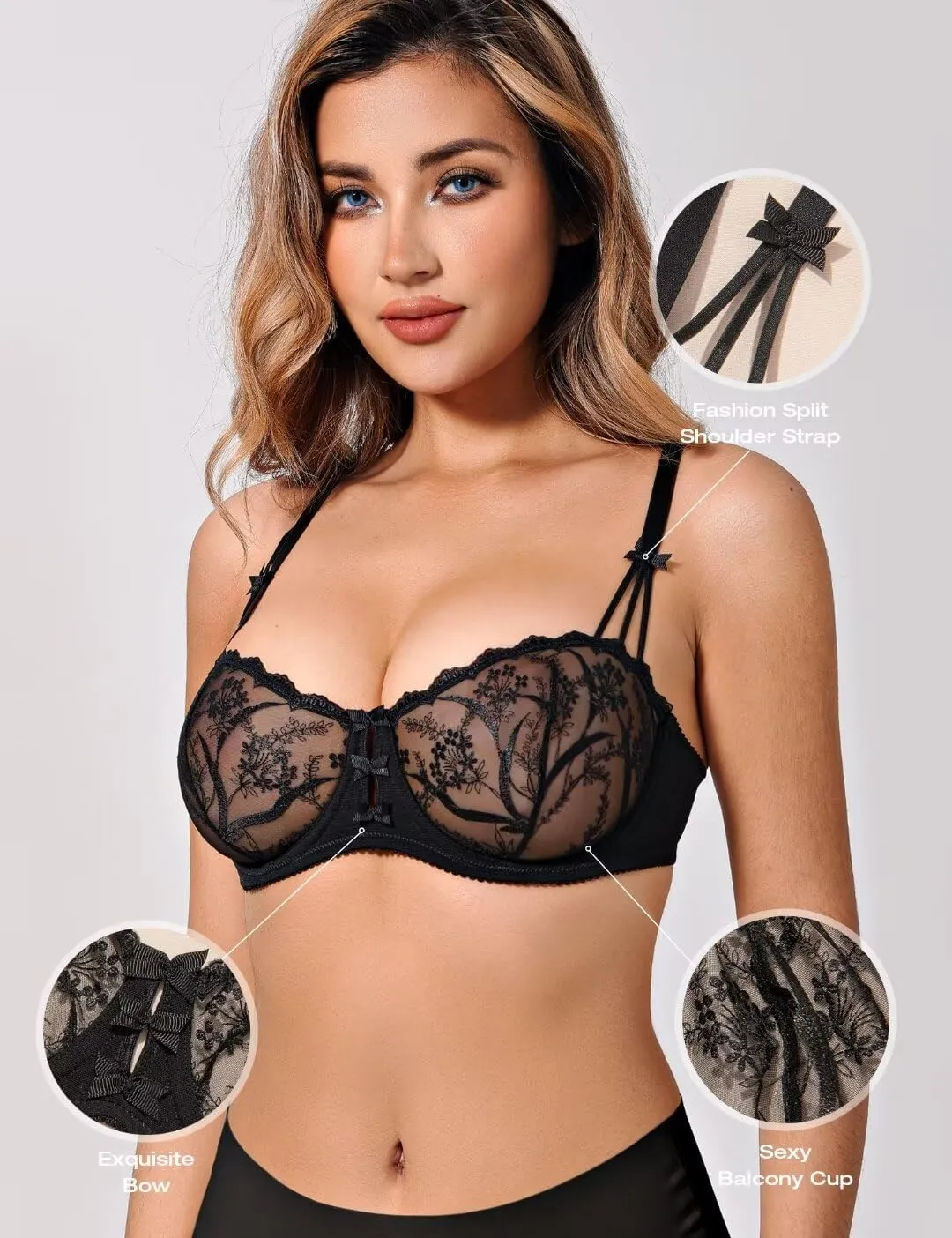 Deyllo Women’s Balconette Lace Bra Underwire Unlined Sheer Lace See Through Non Padded