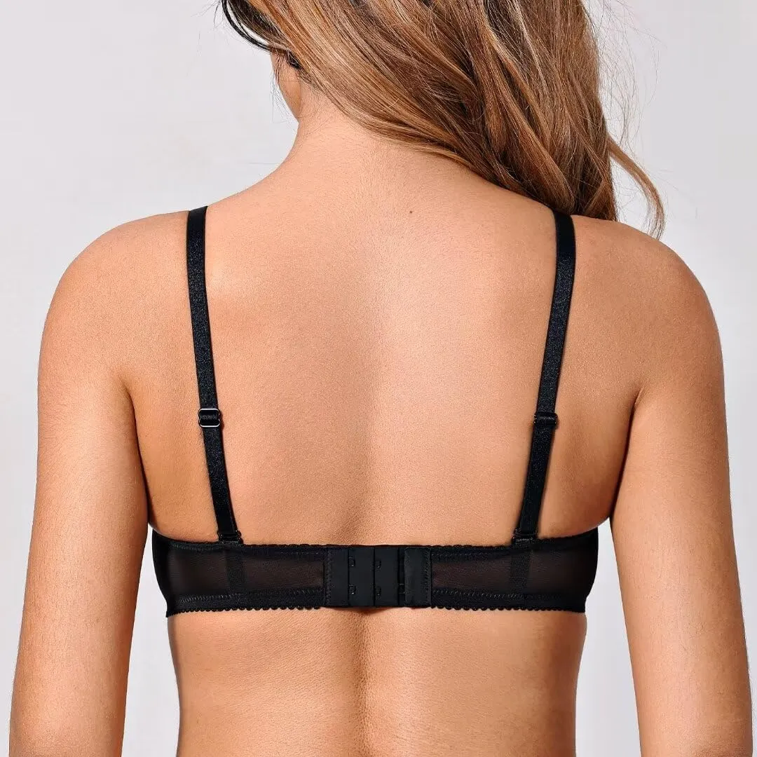 Deyllo Women’s Balconette Lace Bra Underwire Unlined Sheer Lace See Through Non Padded