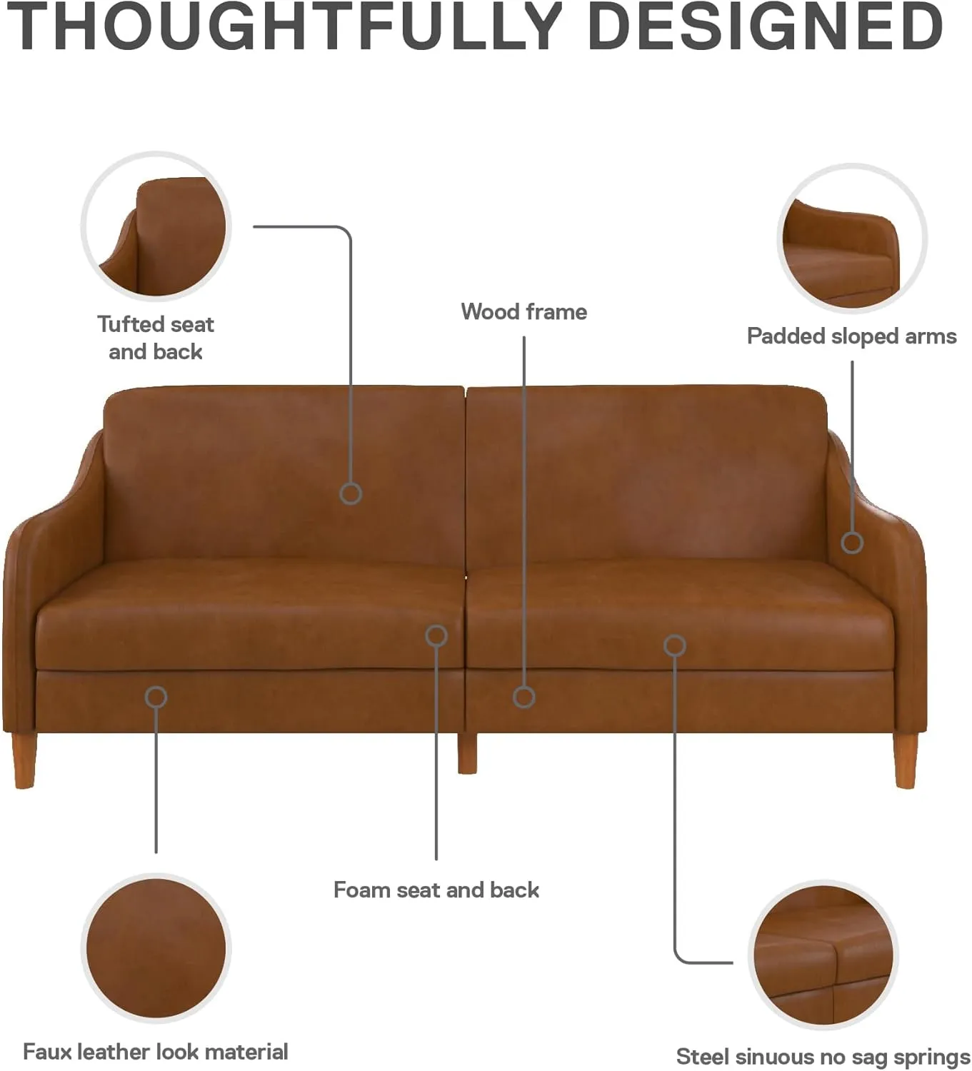 DHP Jasper 77 Inch Futon Sofa Bed in Faux Leather, Modern Upholstered Couch Sleeper with Sloped Arms, Camel