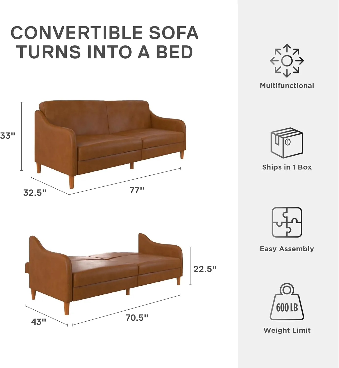 DHP Jasper 77 Inch Futon Sofa Bed in Faux Leather, Modern Upholstered Couch Sleeper with Sloped Arms, Camel