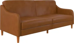DHP Jasper 77 Inch Futon Sofa Bed in Faux Leather, Modern Upholstered Couch Sleeper with Sloped Arms, Camel
