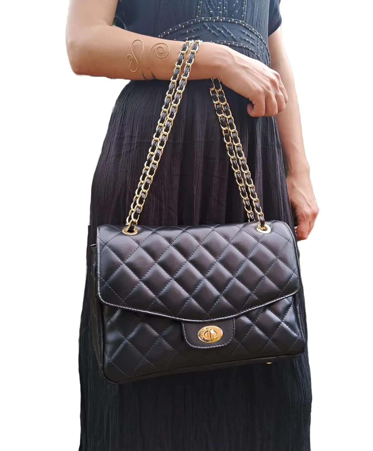 DIAMONDS ARE ETERNAL Alternative Max Genuine Leather Shoulder Bag, Leather Lining Double Flap Bag, Convertible Elegant Women Crossbody Bag (Silver)