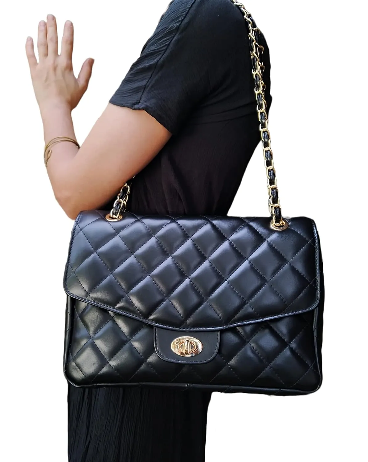 DIAMONDS ARE ETERNAL Alternative Max Genuine Leather Shoulder Bag, Leather Lining Double Flap Bag, Convertible Elegant Women Crossbody Bag (Silver)