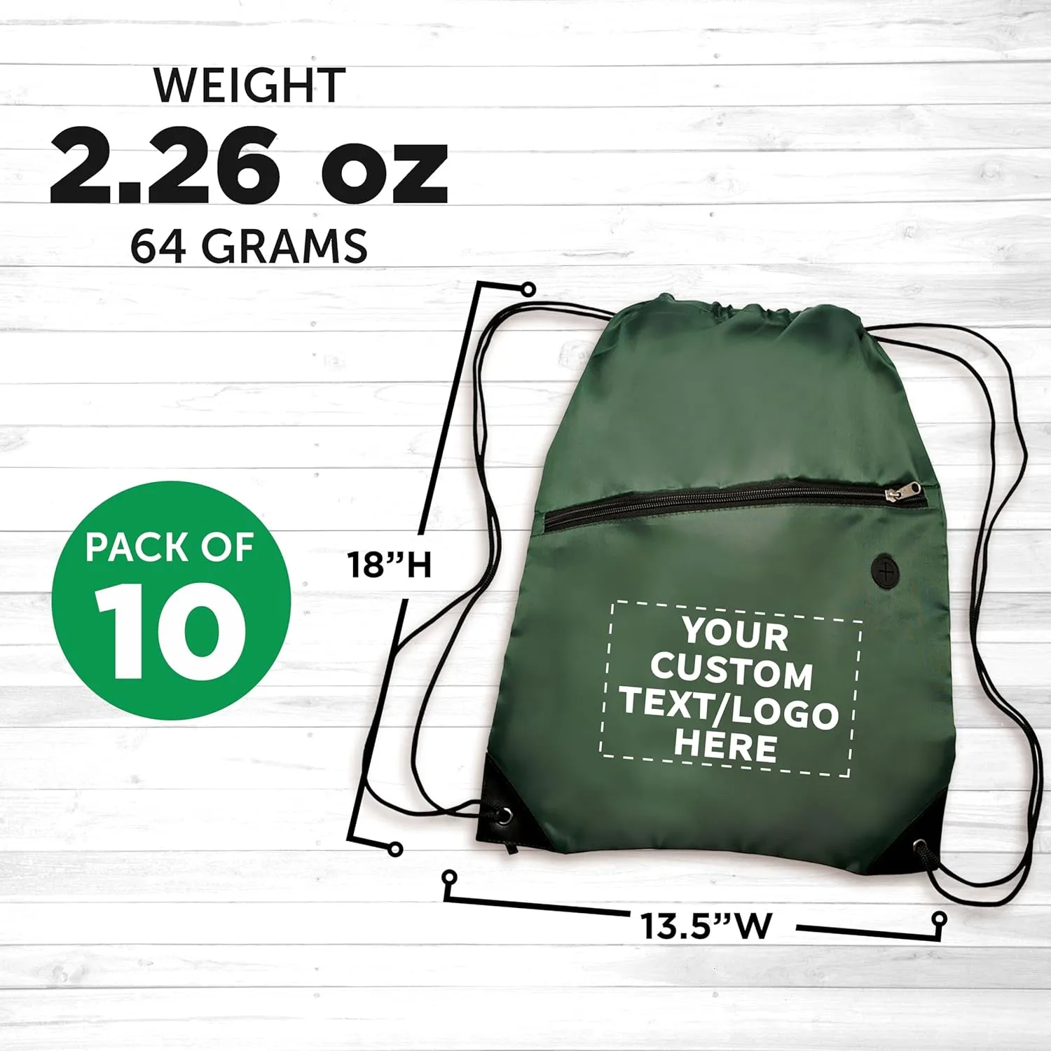 DISCOUNT PROMOS Custom Drawstring BackPacks with Pocket Set of 10, Personalized Bulk Pack - Water Resistant, Perfect for Gym, Camping, Beach, Outdoor Sports - Forest Green