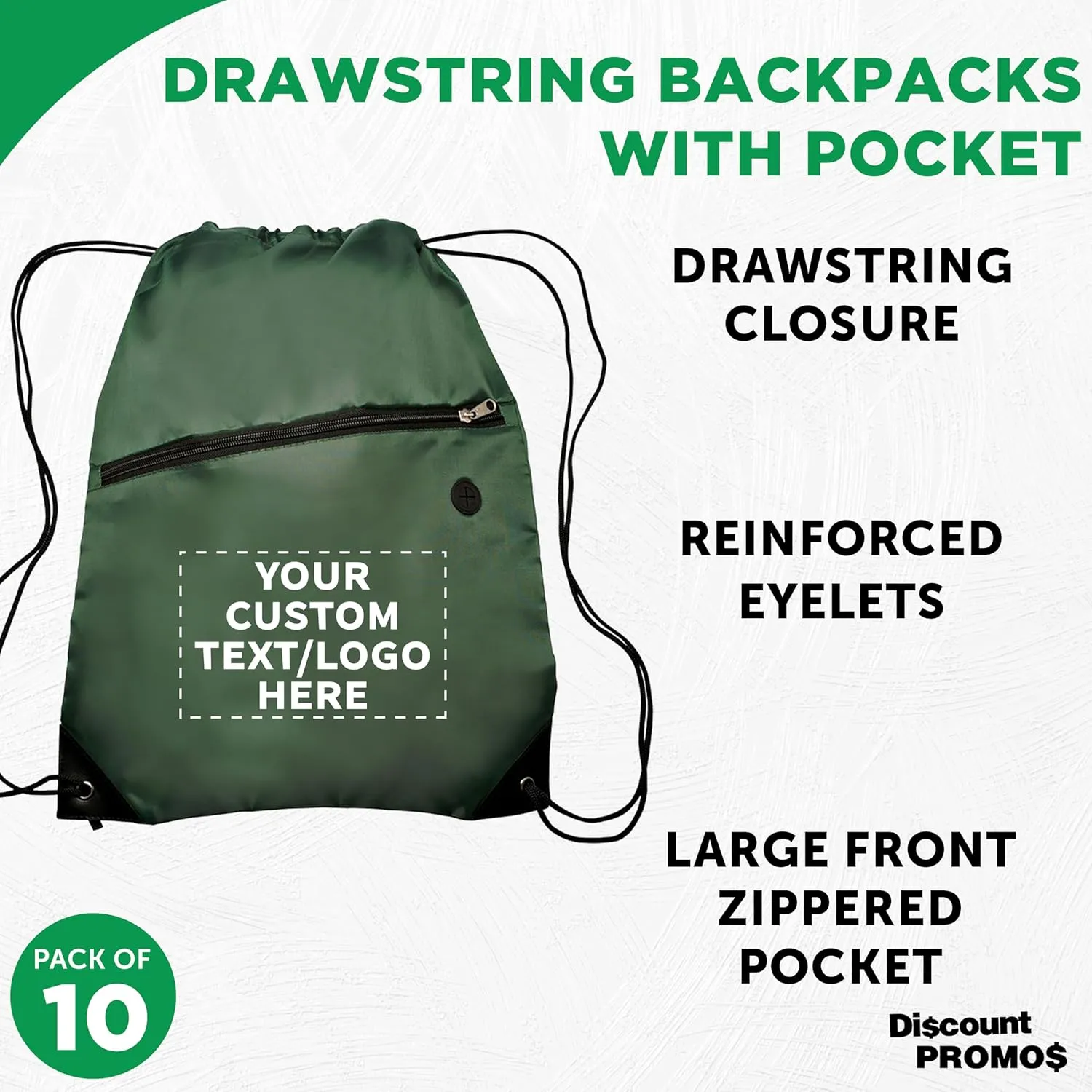 DISCOUNT PROMOS Custom Drawstring BackPacks with Pocket Set of 10, Personalized Bulk Pack - Water Resistant, Perfect for Gym, Camping, Beach, Outdoor Sports - Forest Green