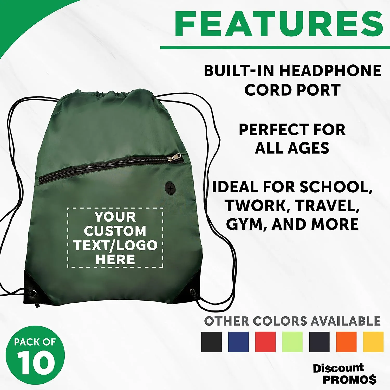 DISCOUNT PROMOS Custom Drawstring BackPacks with Pocket Set of 10, Personalized Bulk Pack - Water Resistant, Perfect for Gym, Camping, Beach, Outdoor Sports - Forest Green