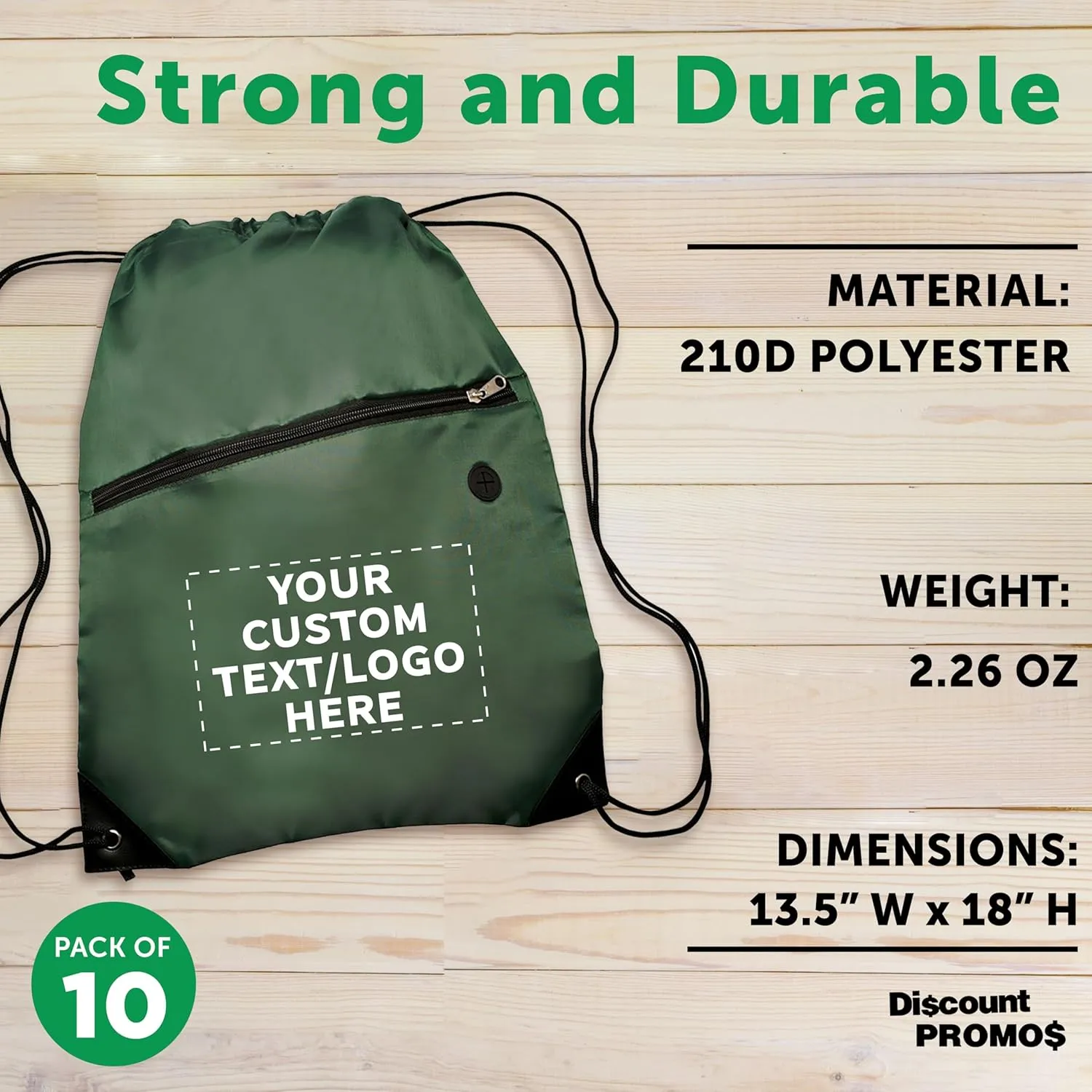 DISCOUNT PROMOS Custom Drawstring BackPacks with Pocket Set of 10, Personalized Bulk Pack - Water Resistant, Perfect for Gym, Camping, Beach, Outdoor Sports - Forest Green