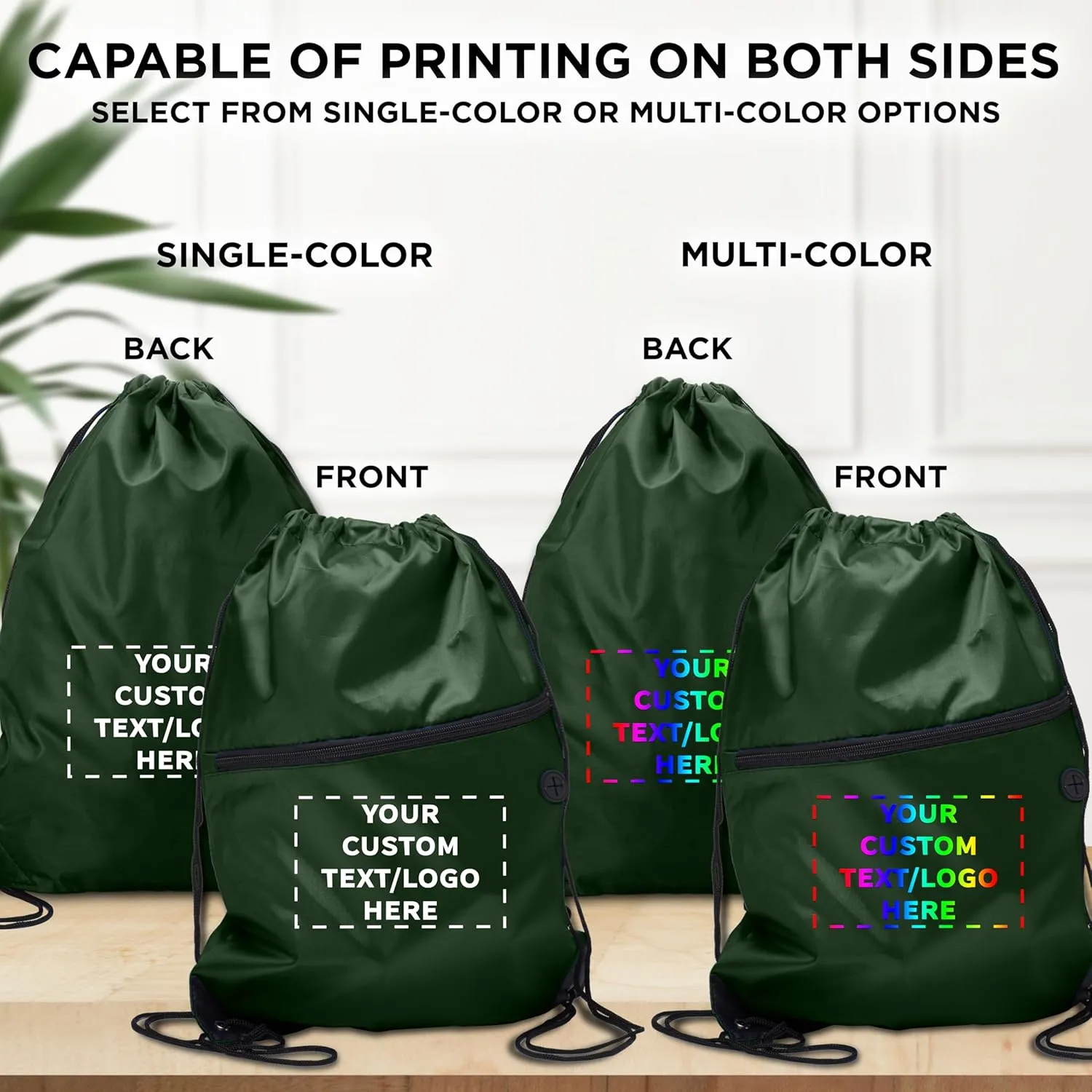 DISCOUNT PROMOS Custom Drawstring BackPacks with Pocket Set of 10, Personalized Bulk Pack - Water Resistant, Perfect for Gym, Camping, Beach, Outdoor Sports - Forest Green