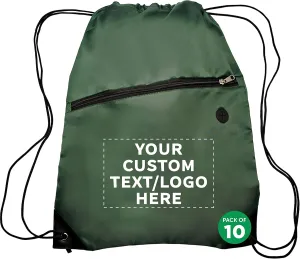 DISCOUNT PROMOS Custom Drawstring BackPacks with Pocket Set of 10, Personalized Bulk Pack - Water Resistant, Perfect for Gym, Camping, Beach, Outdoor Sports - Forest Green