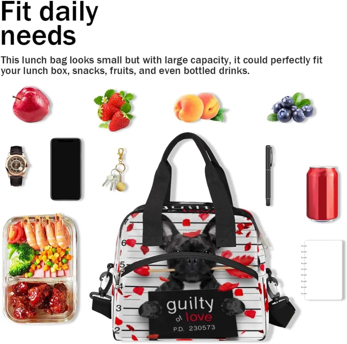 Dog Flower Petal Lunch Bag for Women Men Adult Portable Insulated Reusable Lunch Box Tote Bags with Adjustable Shoulder Strap for Office Work Picnic Beach