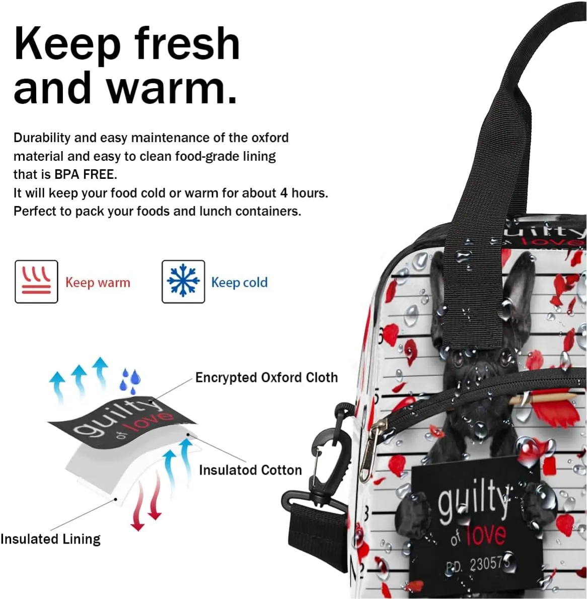 Dog Flower Petal Lunch Bag for Women Men Adult Portable Insulated Reusable Lunch Box Tote Bags with Adjustable Shoulder Strap for Office Work Picnic Beach