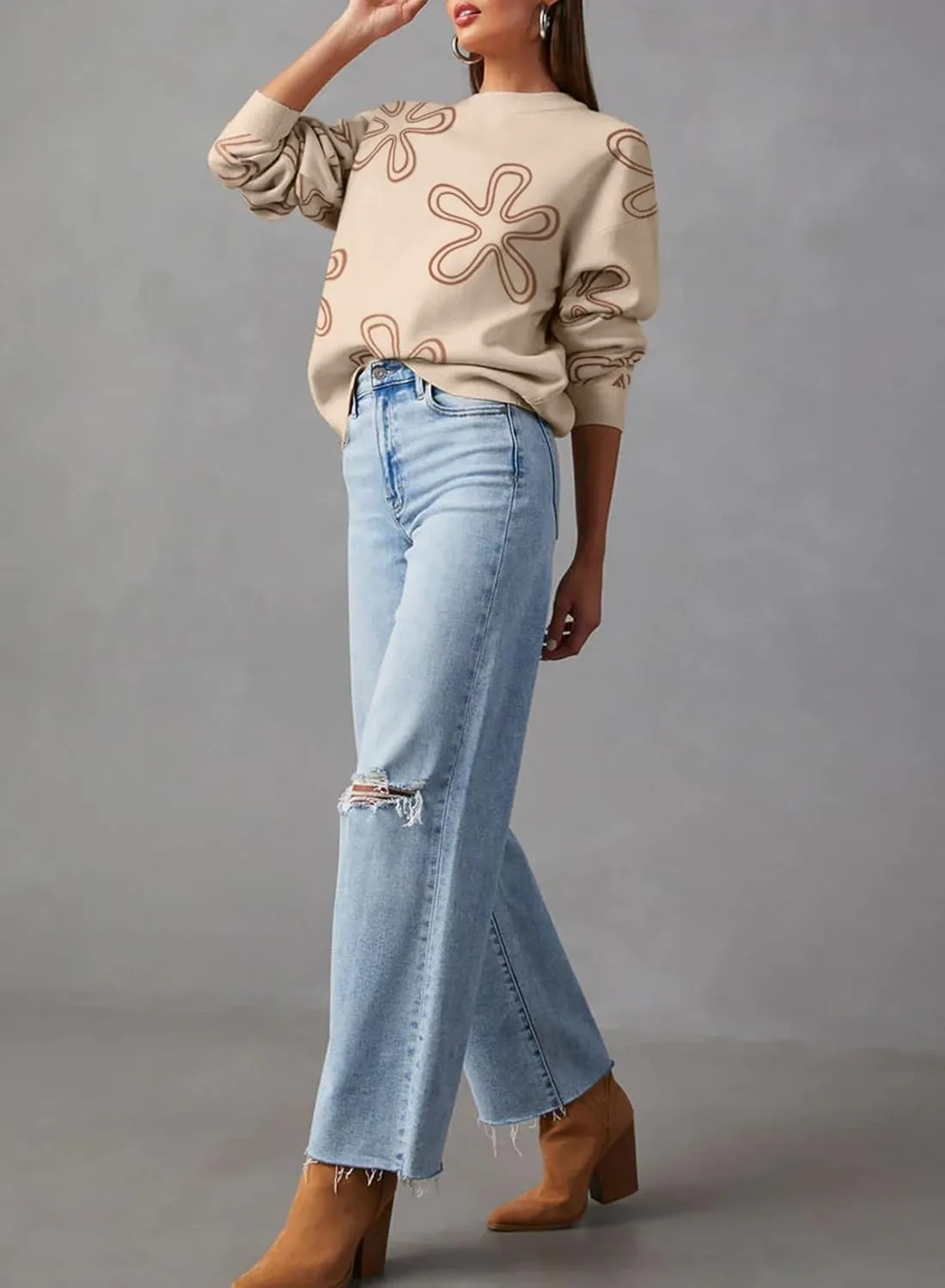 Dokotoo Sweaters for Women Casual Crewneck Long Sleeve Floral Print Cable Knit Pullover Sweater Tops