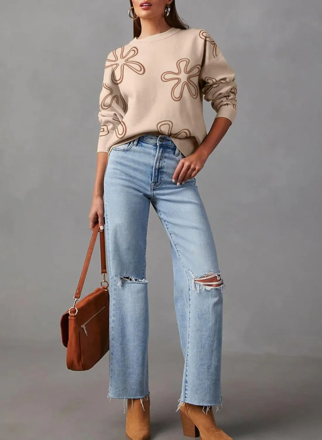 Dokotoo Sweaters for Women Casual Crewneck Long Sleeve Floral Print Cable Knit Pullover Sweater Tops