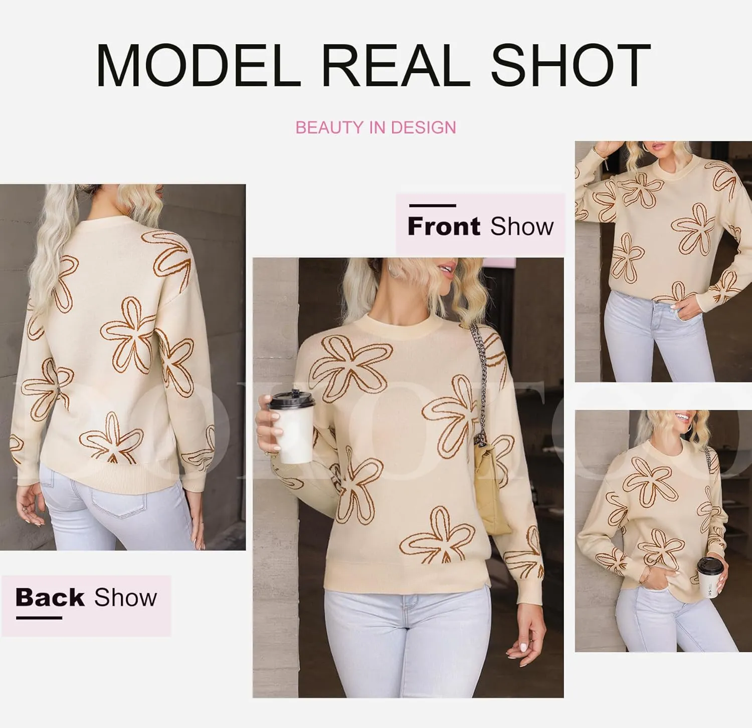 Dokotoo Sweaters for Women Casual Crewneck Long Sleeve Floral Print Cable Knit Pullover Sweater Tops