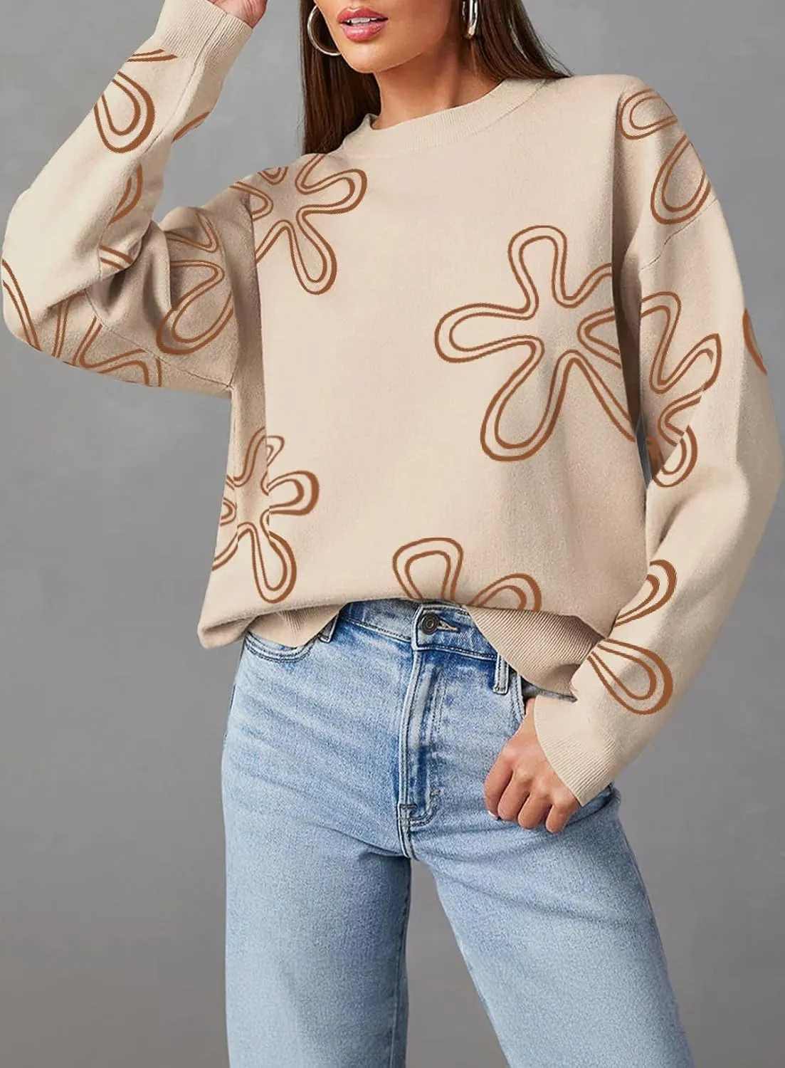 Dokotoo Sweaters for Women Casual Crewneck Long Sleeve Floral Print Cable Knit Pullover Sweater Tops