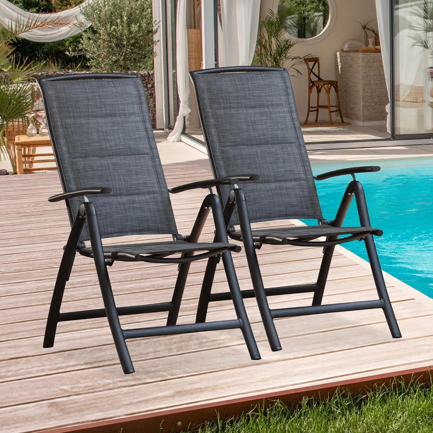 Domi Folding Patio Chairs Set of 2, Aluminium Frame Reclining Sling Lawn Chairs with Adjustable High Backrest, Patio Dining Chairs for Outdoor,Porch,Balcony (Double-Layered Textilene Fabric)