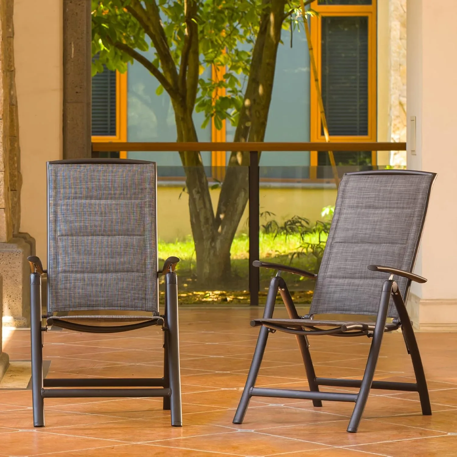 Domi Folding Patio Chairs Set of 2, Aluminium Frame Reclining Sling Lawn Chairs with Adjustable High Backrest, Patio Dining Chairs for Outdoor,Porch,Balcony (Double-Layered Textilene Fabric)