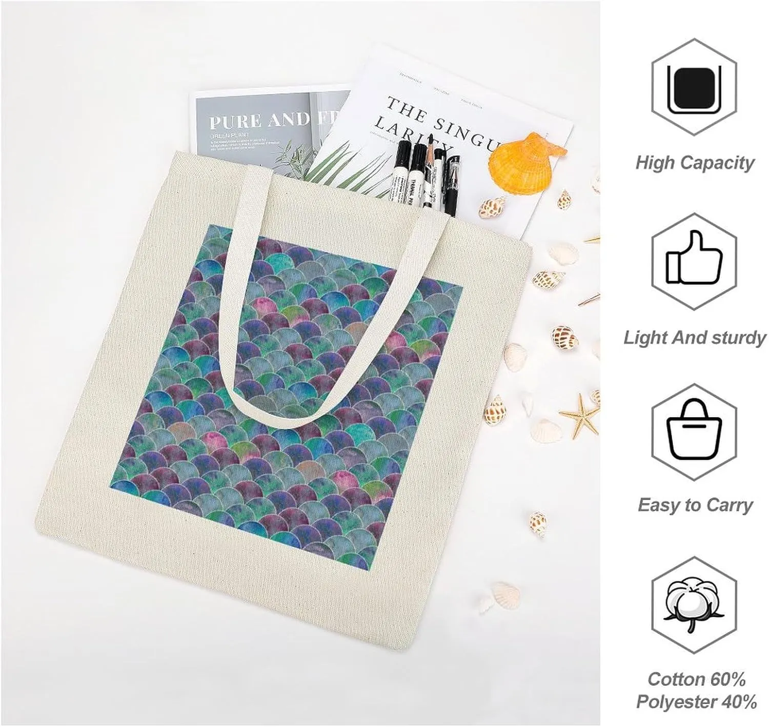 Donnapink Shopping Tote Bag, Insulated Cooler Reusable Bag USA Made Lunch Box Thermal Portable Handbag Print Colorful Mermaid Tail Scales Ocean Wave Blue Green Teal Purple