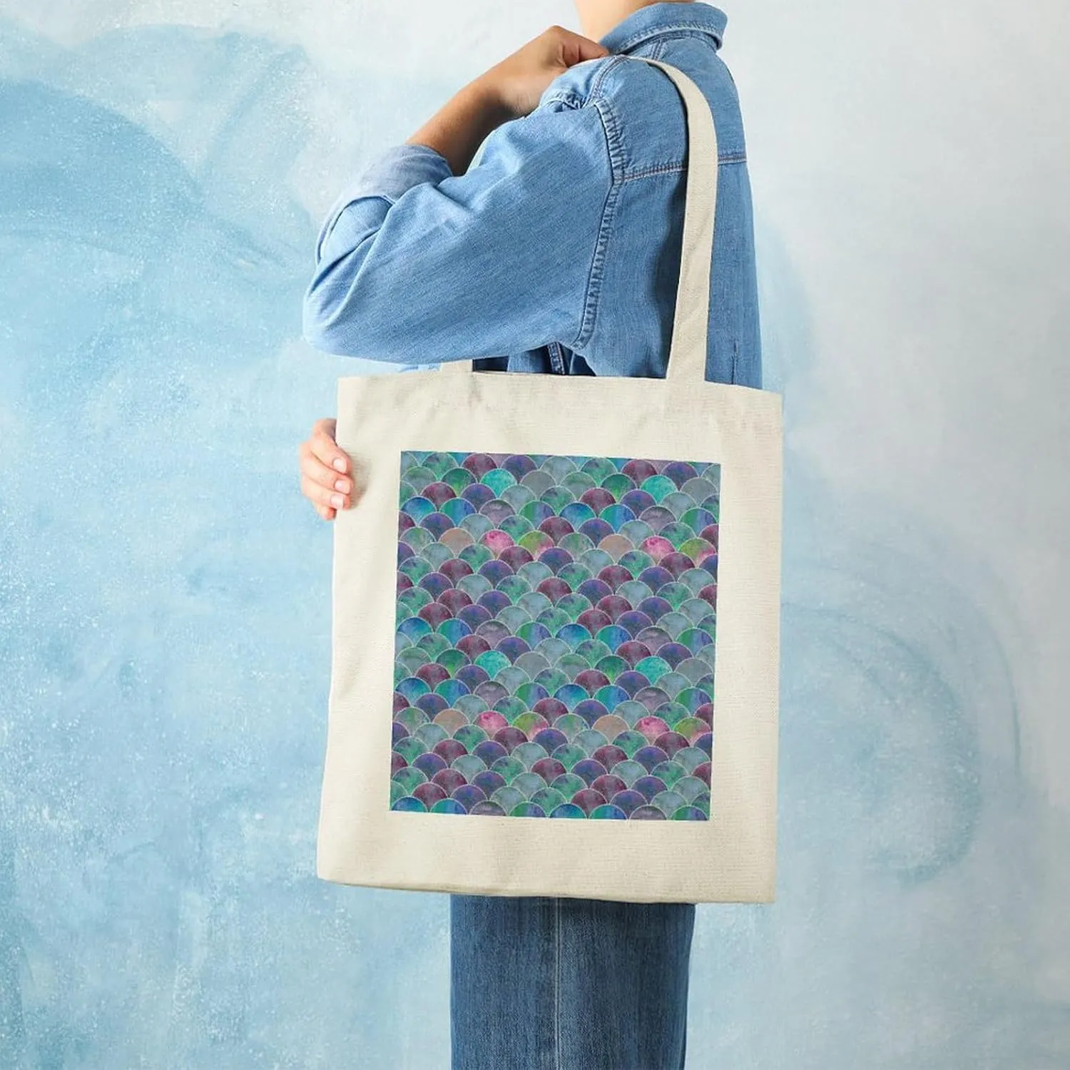 Donnapink Shopping Tote Bag, Insulated Cooler Reusable Bag USA Made Lunch Box Thermal Portable Handbag Print Colorful Mermaid Tail Scales Ocean Wave Blue Green Teal Purple