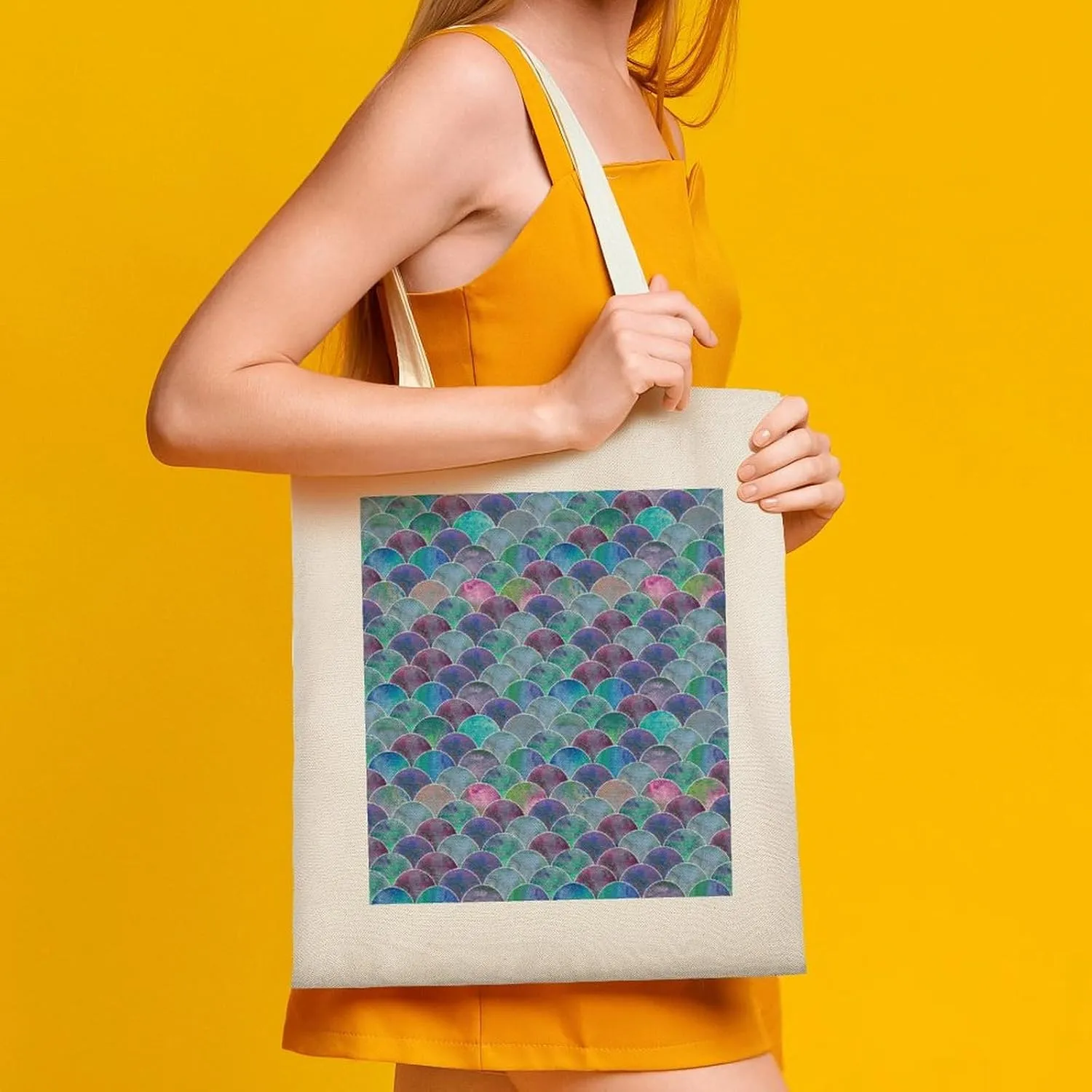 Donnapink Shopping Tote Bag, Insulated Cooler Reusable Bag USA Made Lunch Box Thermal Portable Handbag Print Colorful Mermaid Tail Scales Ocean Wave Blue Green Teal Purple