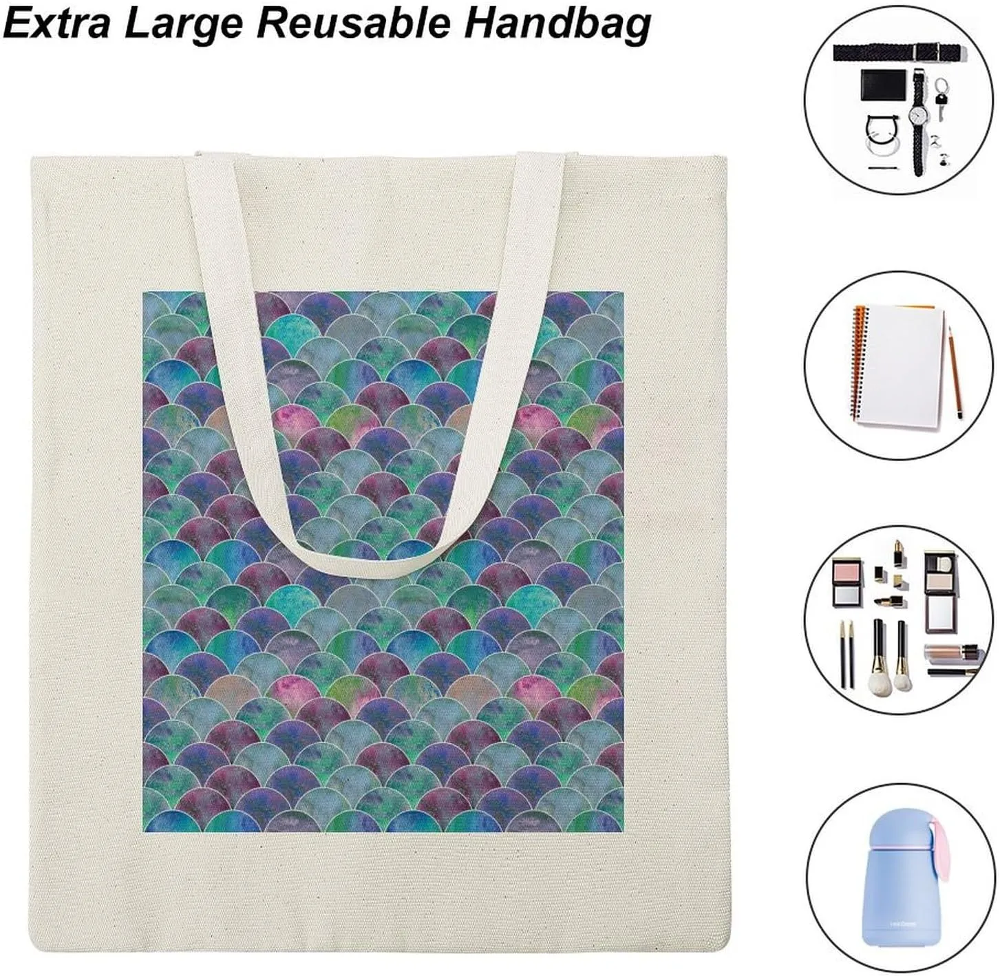 Donnapink Shopping Tote Bag, Insulated Cooler Reusable Bag USA Made Lunch Box Thermal Portable Handbag Print Colorful Mermaid Tail Scales Ocean Wave Blue Green Teal Purple
