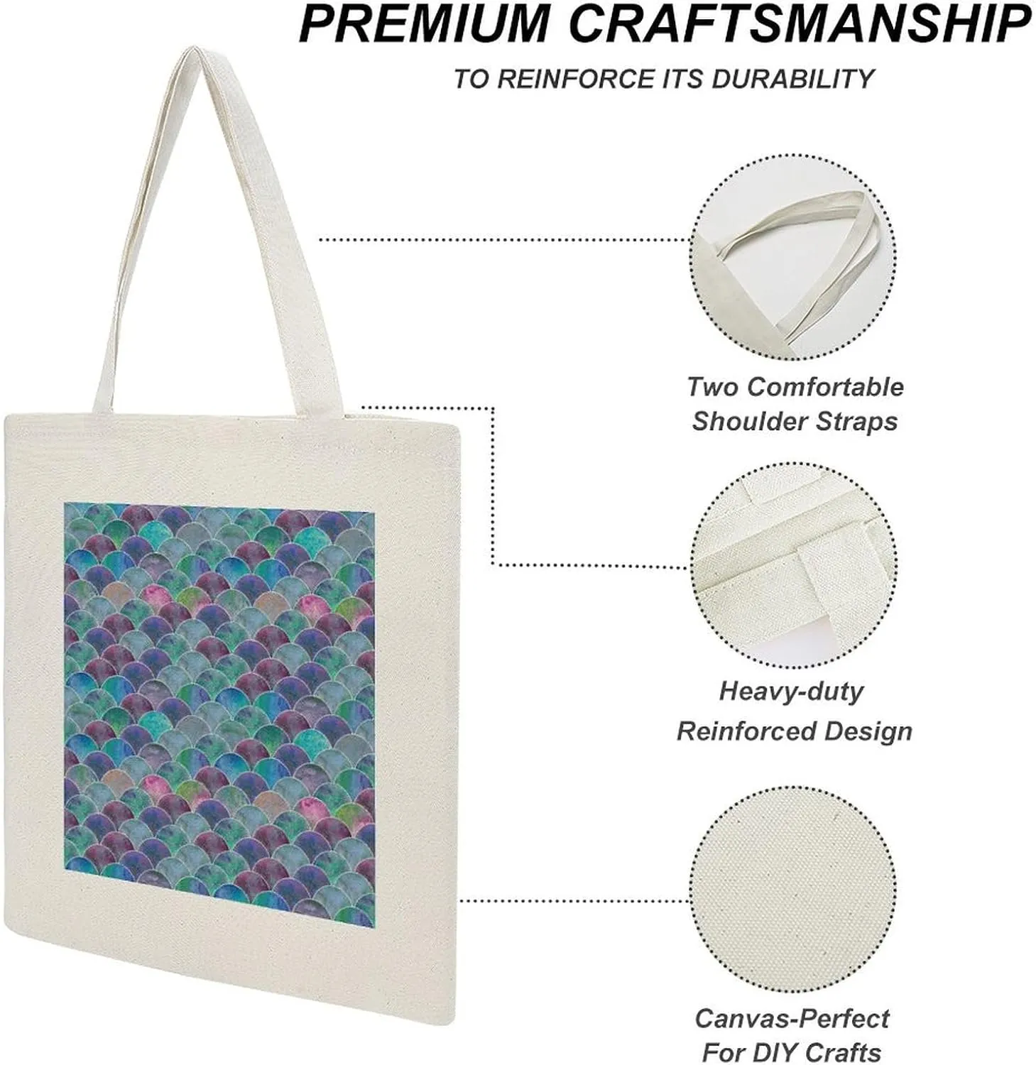 Donnapink Shopping Tote Bag, Insulated Cooler Reusable Bag USA Made Lunch Box Thermal Portable Handbag Print Colorful Mermaid Tail Scales Ocean Wave Blue Green Teal Purple