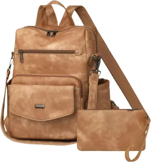 Dora & Liz Women's Leather Backpack Purse Fashion Travel Backpack Designer Convertible Shoulder Bag Work Handbag with Wristlet (Apricot)