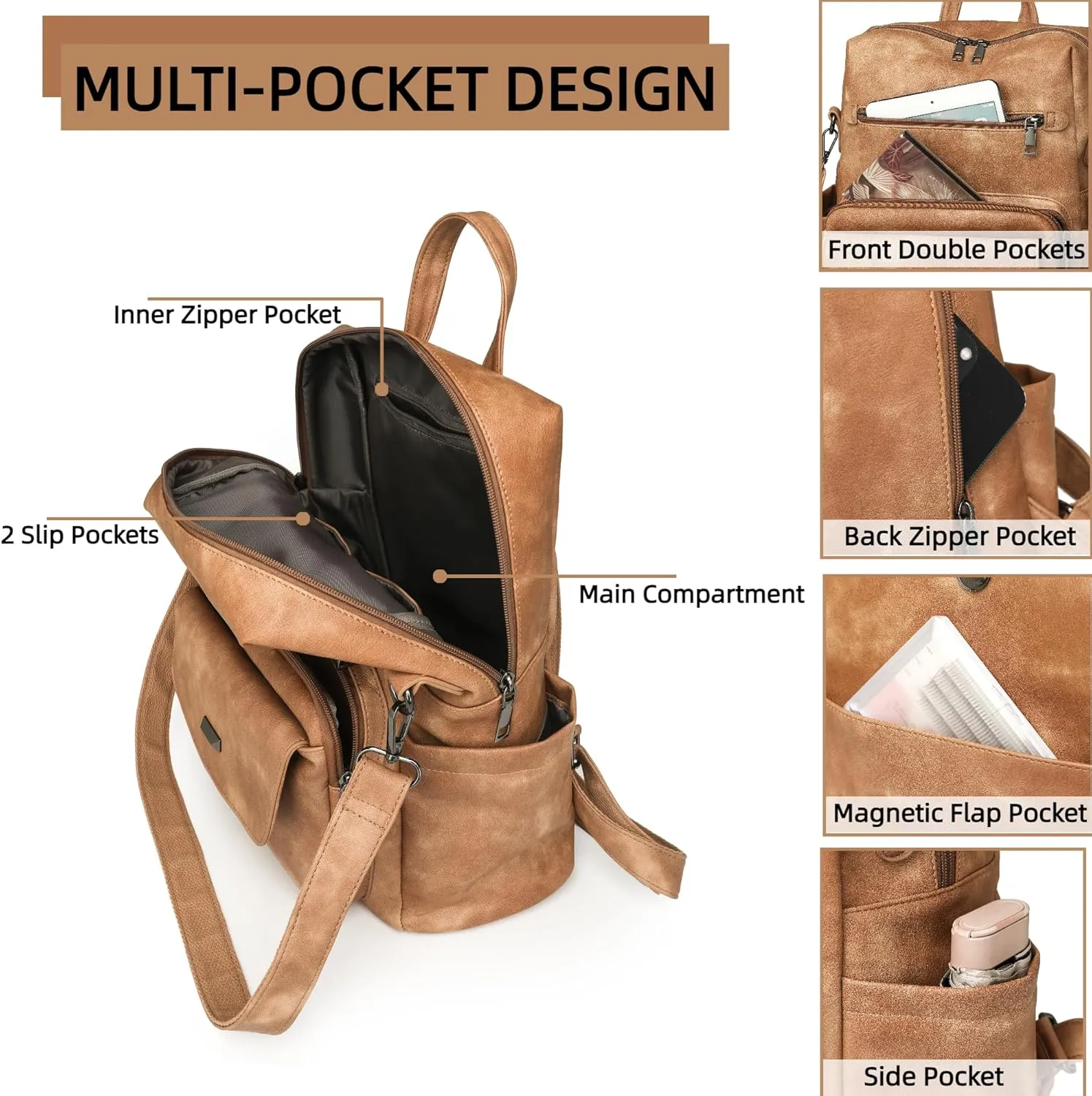 Dora & Liz Women's Leather Backpack Purse Fashion Travel Backpack Designer Convertible Shoulder Bag Work Handbag with Wristlet (Apricot)