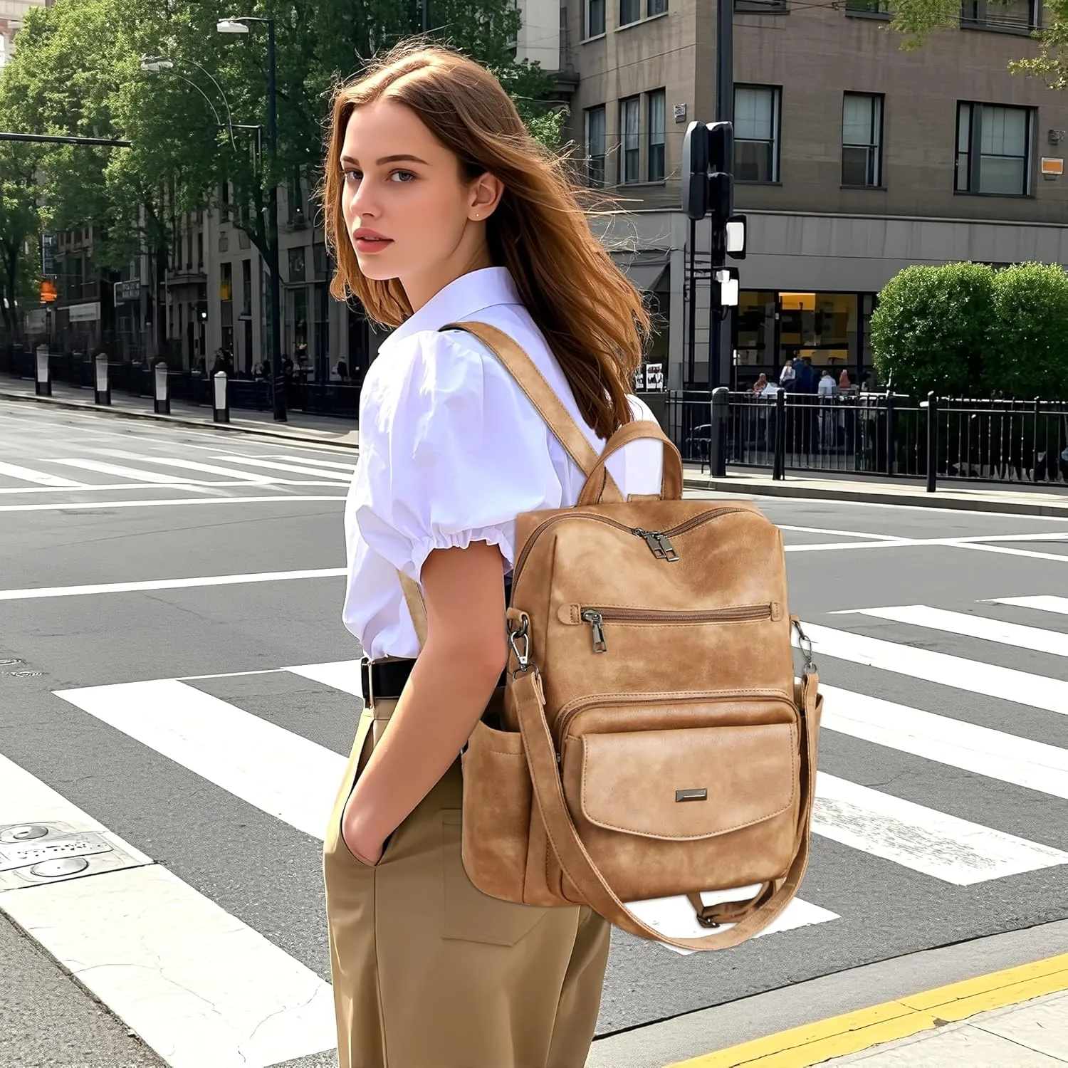 Dora & Liz Women's Leather Backpack Purse Fashion Travel Backpack Designer Convertible Shoulder Bag Work Handbag with Wristlet (Apricot)