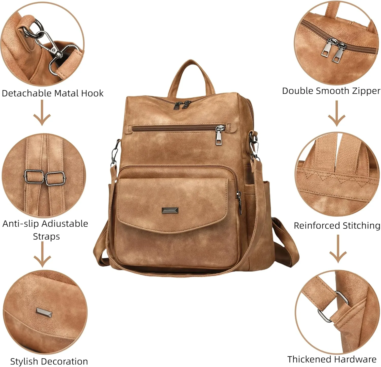 Dora & Liz Women's Leather Backpack Purse Fashion Travel Backpack Designer Convertible Shoulder Bag Work Handbag with Wristlet (Apricot)