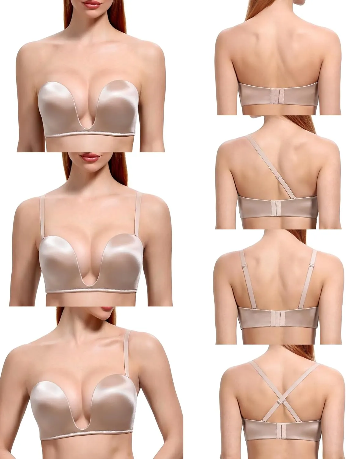 DotVol Women's Multiway Deep U Plunge Padded Push Up Convertible Bra