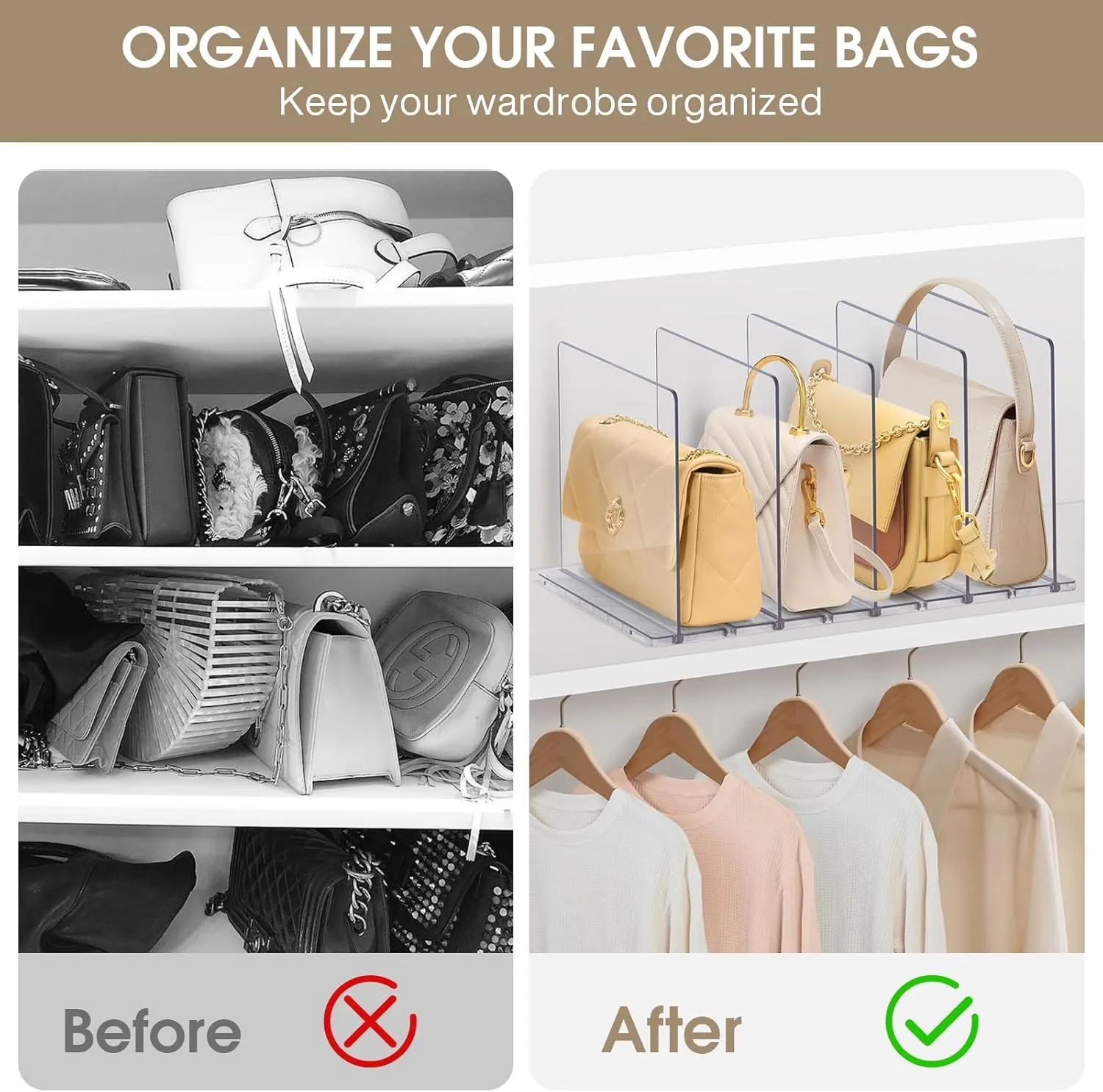 DoubleCare Adjustable Purse Organizer for Closet, Clear Handbag Organizers for Closets, Purse Bag Dividers for Closet, Purse Holder, Bookshelf for Bedroom, Office,5LAYER…