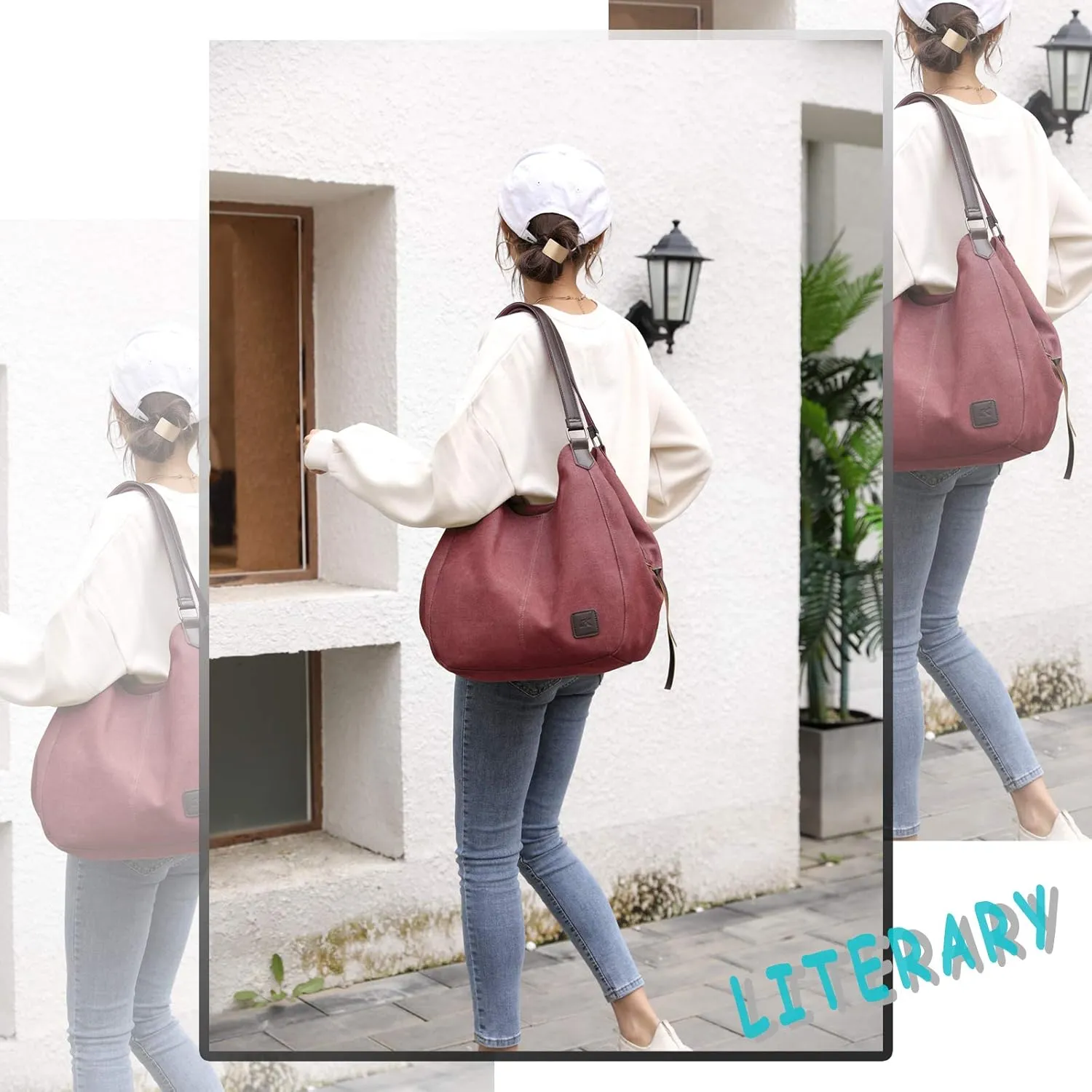 DOURR Women's Multi-pocket Shoulder Bag Fashion Cotton Canvas Handbag Tote Purse