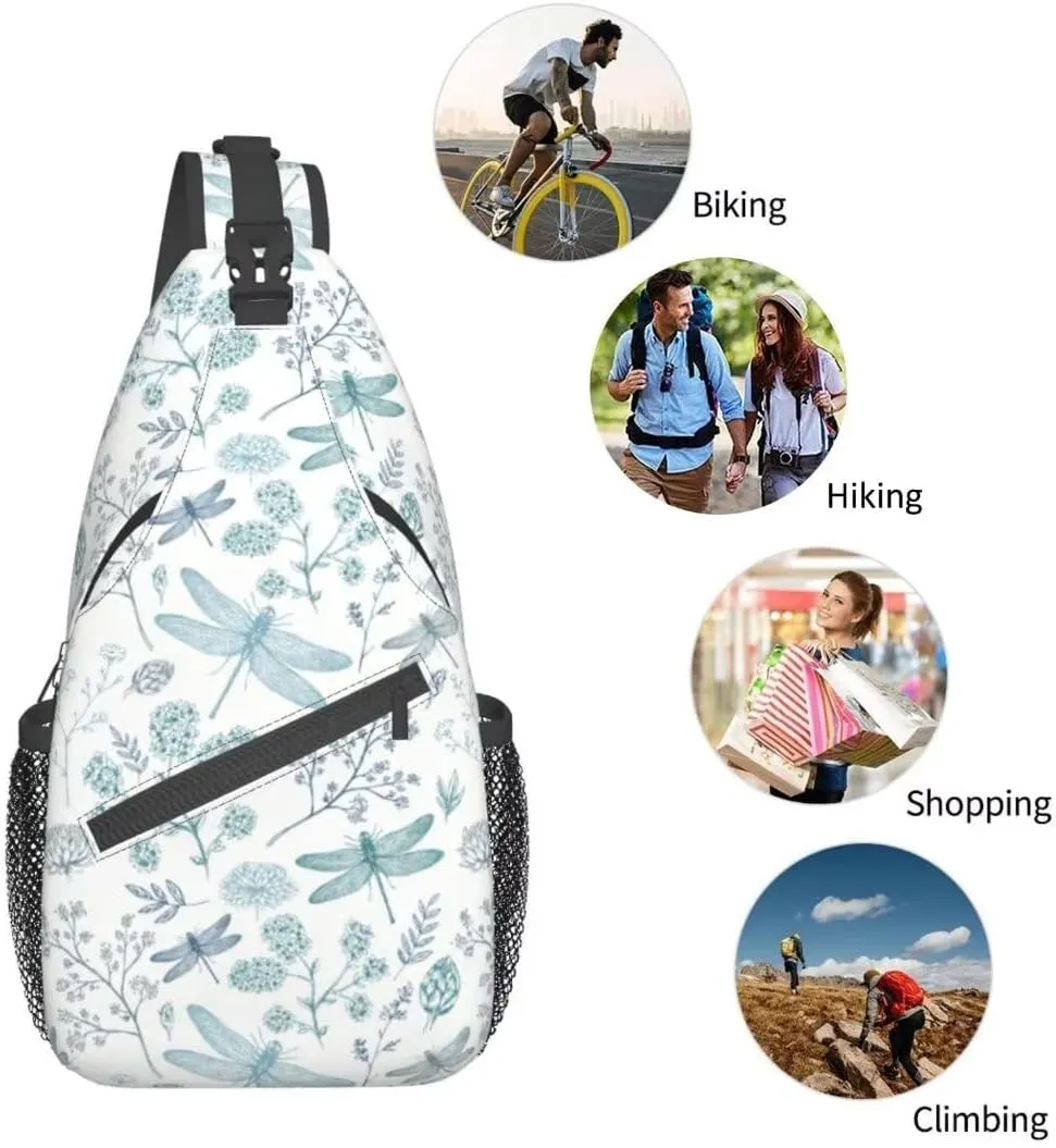Dragonfly Sling Bag Crossbody Backpack Elegant Seamless Pattern with Blue Dragonfly Silhouettes Leaves Gym Travel Hiking Daypack Cute Insect Print Chest Shoulder Bag