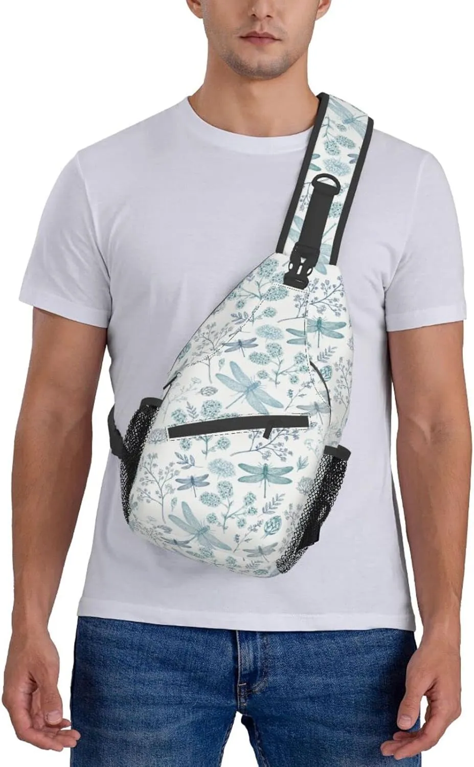 Dragonfly Sling Bag Crossbody Backpack Elegant Seamless Pattern with Blue Dragonfly Silhouettes Leaves Gym Travel Hiking Daypack Cute Insect Print Chest Shoulder Bag