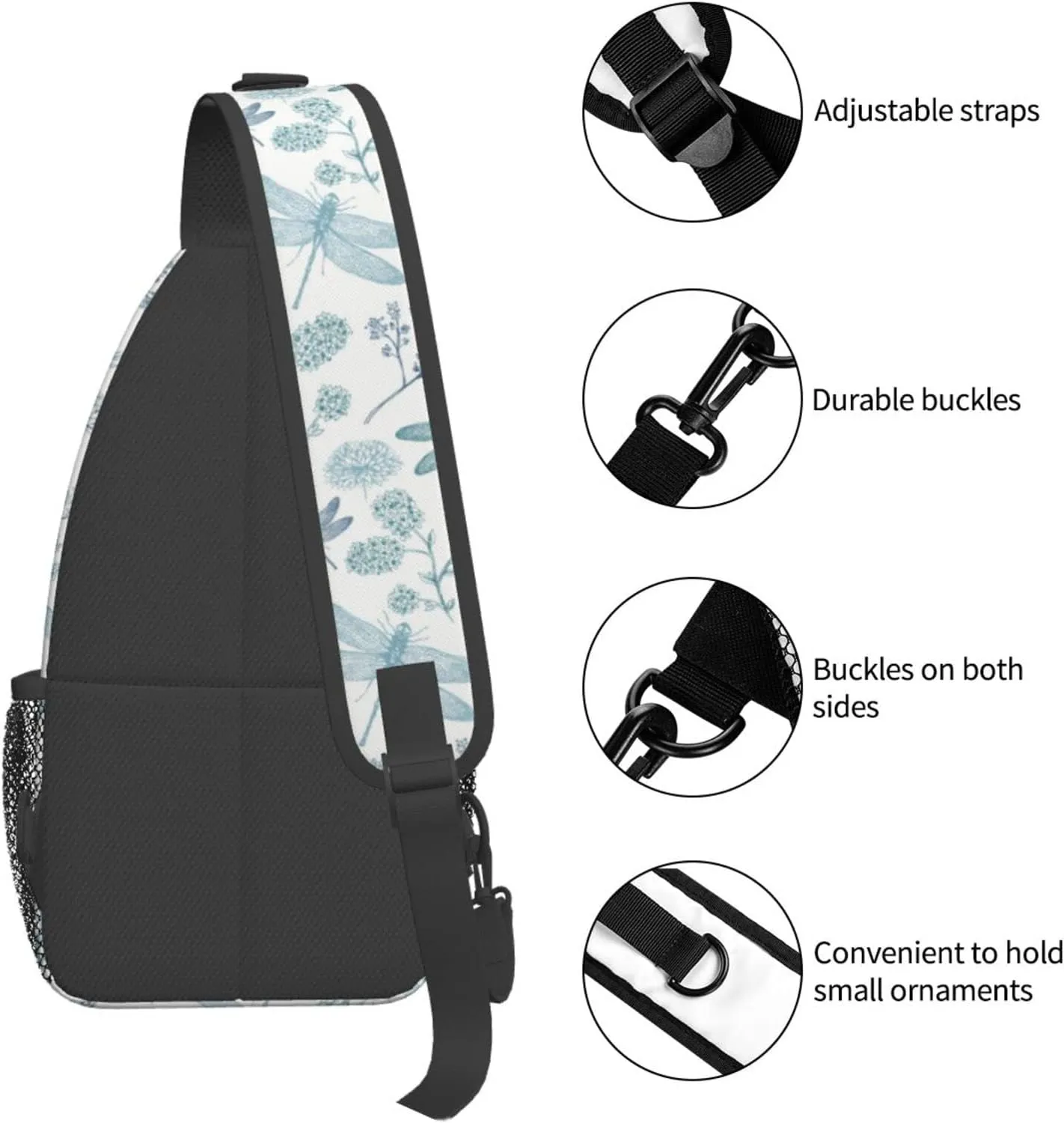 Dragonfly Sling Bag Crossbody Backpack Elegant Seamless Pattern with Blue Dragonfly Silhouettes Leaves Gym Travel Hiking Daypack Cute Insect Print Chest Shoulder Bag