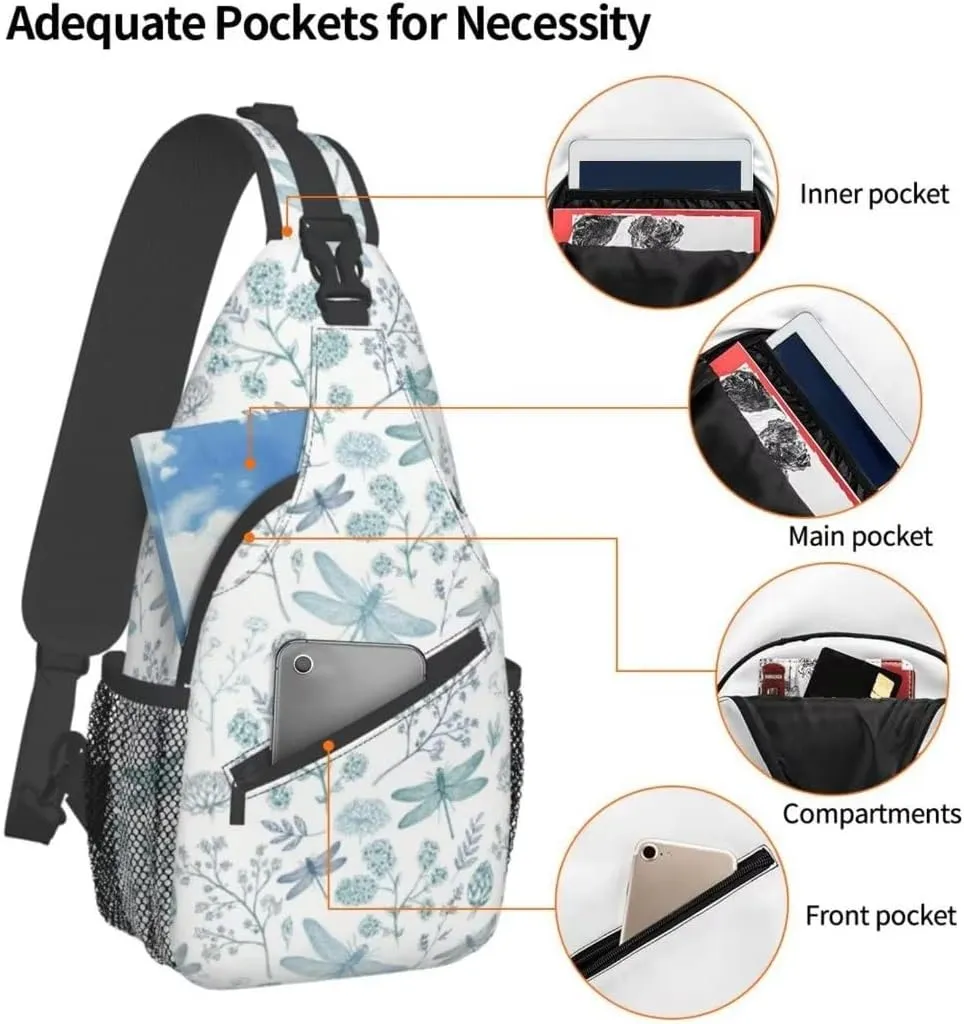 Dragonfly Sling Bag Crossbody Backpack Elegant Seamless Pattern with Blue Dragonfly Silhouettes Leaves Gym Travel Hiking Daypack Cute Insect Print Chest Shoulder Bag