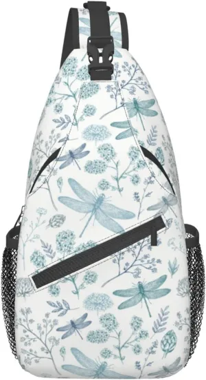 Dragonfly Sling Bag Crossbody Backpack Elegant Seamless Pattern with Blue Dragonfly Silhouettes Leaves Gym Travel Hiking Daypack Cute Insect Print Chest Shoulder Bag