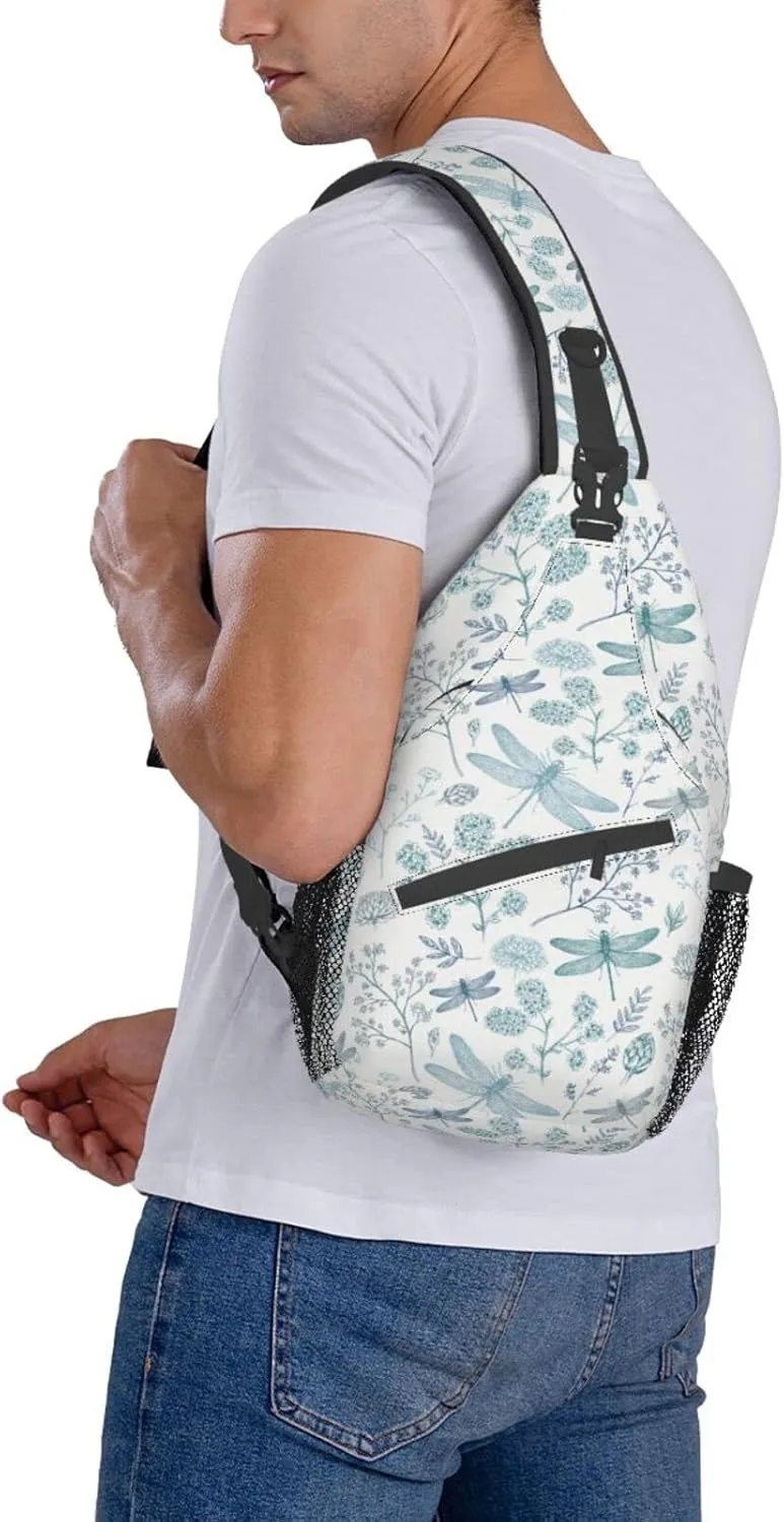 Dragonfly Sling Bag Crossbody Backpack Elegant Seamless Pattern with Blue Dragonfly Silhouettes Leaves Gym Travel Hiking Daypack Cute Insect Print Chest Shoulder Bag