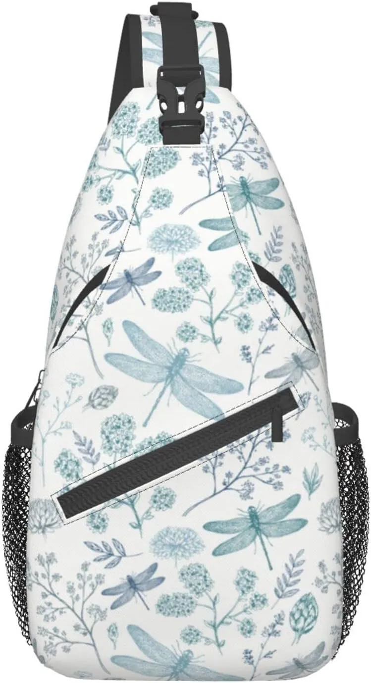 Dragonfly Sling Bag Crossbody Backpack Elegant Seamless Pattern with Blue Dragonfly Silhouettes Leaves Gym Travel Hiking Daypack Cute Insect Print Chest Shoulder Bag